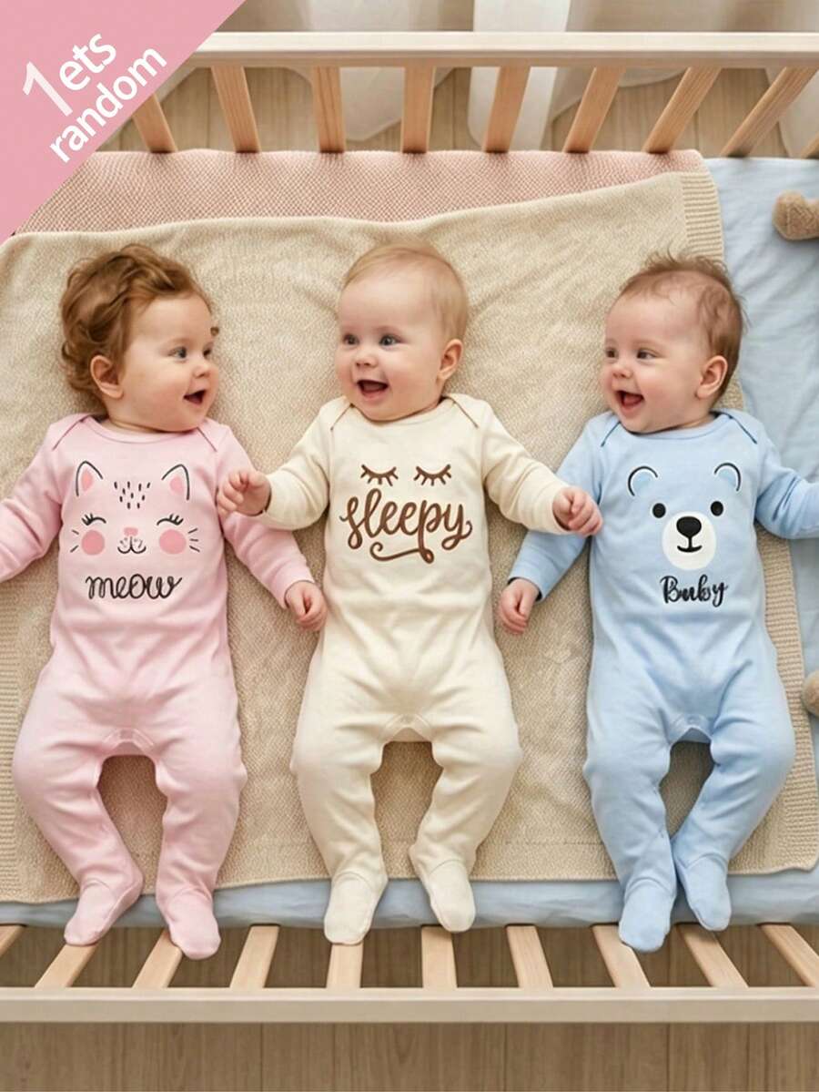 SHEIN [3 Pcs Acak, 1 Pcs Dikirim] Romper Bayi Baru Lahir Motif Kucing & Beruang Kartun, Kain Lembut & Nyaman, 3 Warna Pink, Beige, Biru Muda - MultiWarna - View 1