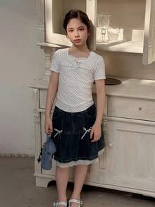 Dazy Kids Tween Girl Lace Patchwork Bow Decor T-Shirt Summer - White - View 5