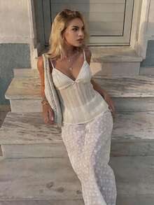 Zavorell Women's Elegant Cream White Striped Loose-Fitting Camisole Top, Summer Date Night Vacation Casual Holidays, Y2K Style Beachwear Business Office Work - Apricot - View 4