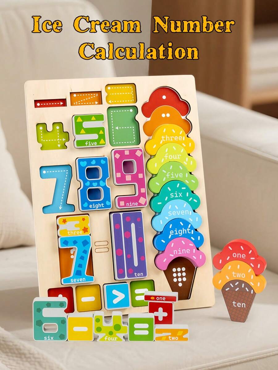 MINKOJA MINKOJA Planche d'apprentissage mathématique en bois Montessori Crème glacée, jouet éducatif multifonctionnel de comptage, blocs de reconnaissance des nombres, jeu de pratique de l'écriture manuelle et de développement de la motricité fine, cadeau d'apprentissage mathématique précoce pour les tout-petits garçons et filles