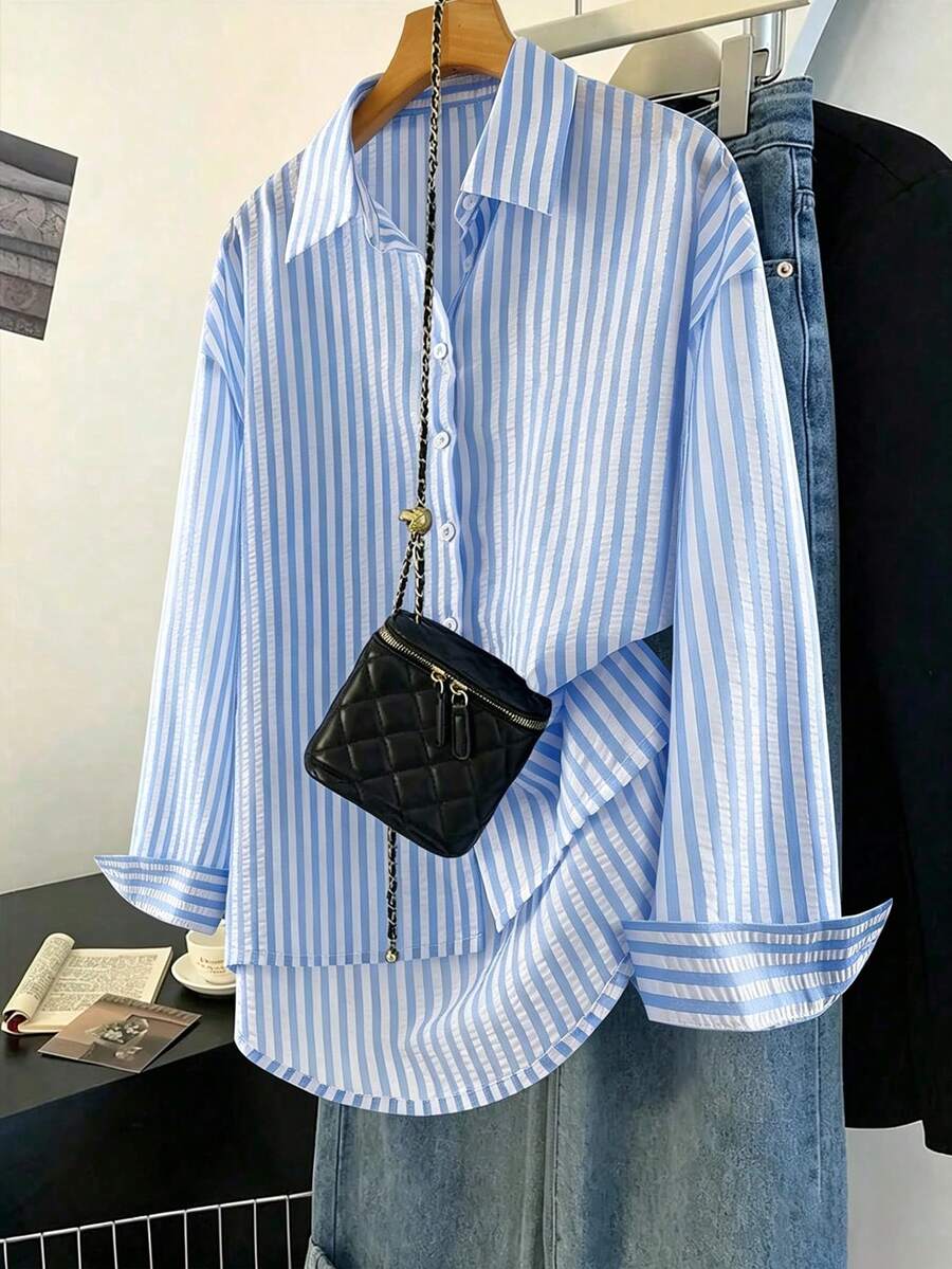 Franclia Women's Striped Print Front Button Casual Long Sleeve Shirt, Suitable For All Seasons - Blue - View 1