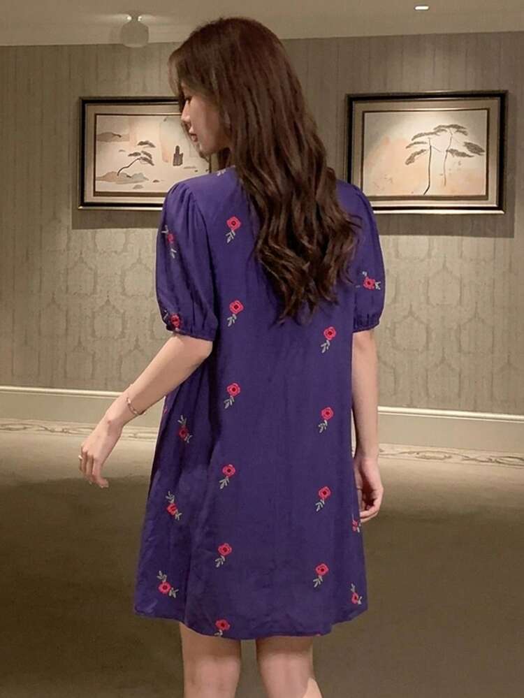 Floral Print Short Sleeve Loose Short Dress, Women Summer Nightgown