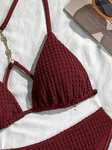 SHEIN Swim 26SS 女款春夏海灘派對套裝 比基尼套裝 2 件組 海濱度假風 INS 性感熱帶優雅浪漫可愛 BOHO 紋理布料 紅色 - 酒紅色 - 查看 4