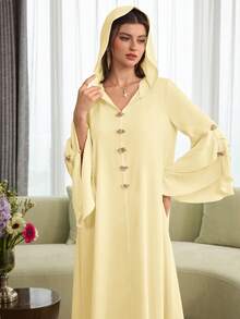 Al Najma Layered Floral Jacquard Hooded Cape With Ruffled Hem And Puff Sleeves, Elegant Robe - Light Yellow - View 3