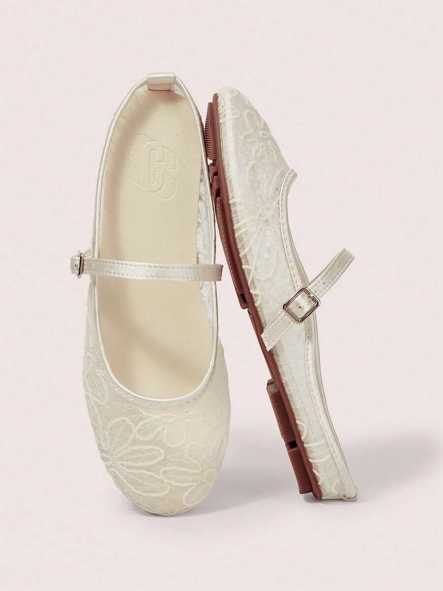CUCCOO DOLLMOD Women's Shoes, Beige, Flower Embroidered Upper, Exposed Heel, Round Toe, Flat Bottom, Sweet, Cute, Comfortable And Casual. - Dandelion-Apricot - View 1