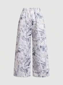 Young Girl/Young Girls Grey Leaf Print Patchwork Pink Waistband Knit Sweatpants, Autumn Clothing - Grey - View 2