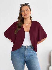 SHEIN Essnce Mujeres talla grande Moda primavera/verano Casual Cómoda Básica versátil para todos los días Cárdigan negro de manga corta, Abrigos de verano, Blusas para salir, Ropa de oficina, Atuendos de vacaciones para mujeres - Burdeos - Ver 4
