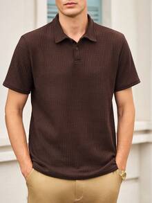 Men's Solid Color Semi-Transparent Golf Shirt, Waffle Thin Casual Short Sleeve Elastic Polo Shirt, Suitable For Leisure Outdoor, Spring/Summer - Chocolate Brown - View 7