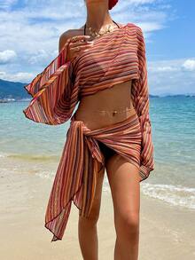 Opulessa Women's Beach Vacation Style Color Block Striped Pattern Two-Piece Swimsuit Set - Multicolor - View 1