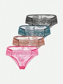 4 Stück/Pack Sexy Spitzen-Patchwork Bikini Höschen, Damen Unterwäsche mit niedriger Taille, nahtlos, ausgeschnitten und bequem - Verschiedenfarbig - Übersicht 3