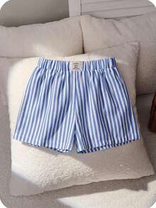 Young Girl Woven Striped Letter Print Casual Shorts - Royal Blue - View 3