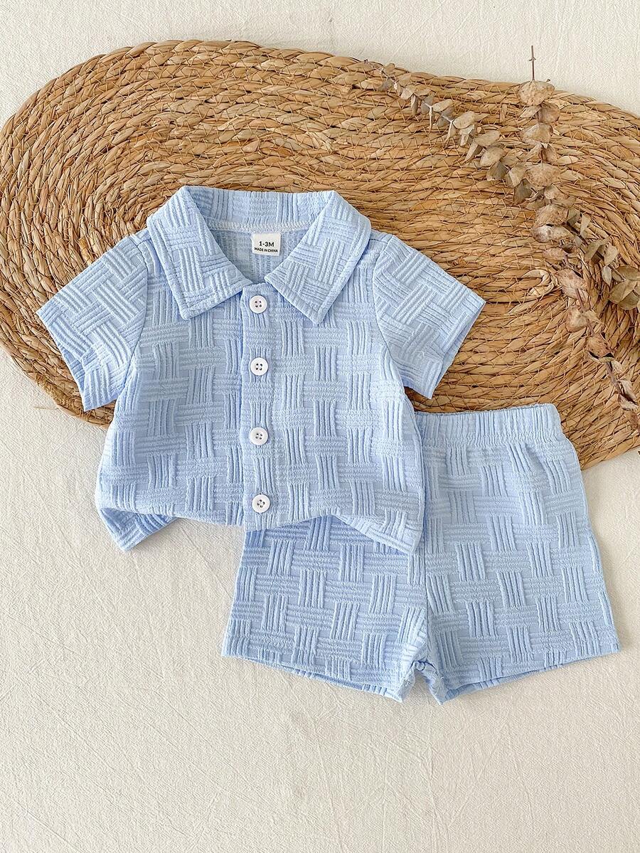 SHEIN Vintaside Kids 新生儿夏季翻领短袖简约休闲百搭衬衫，搭配清爽色彩休闲时尚百搭短裤套装，适合户外休闲散步、聚会、旅行和度假。