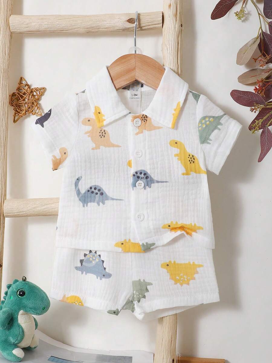 SHEIN Vintaside Kids 新生儿夏季翻领短袖休闲时尚可爱恐龙印花衬衫搭配休闲简约百搭短裤套装,适合户外休闲散步或旅行度假。 - 彩色 - 查看 1