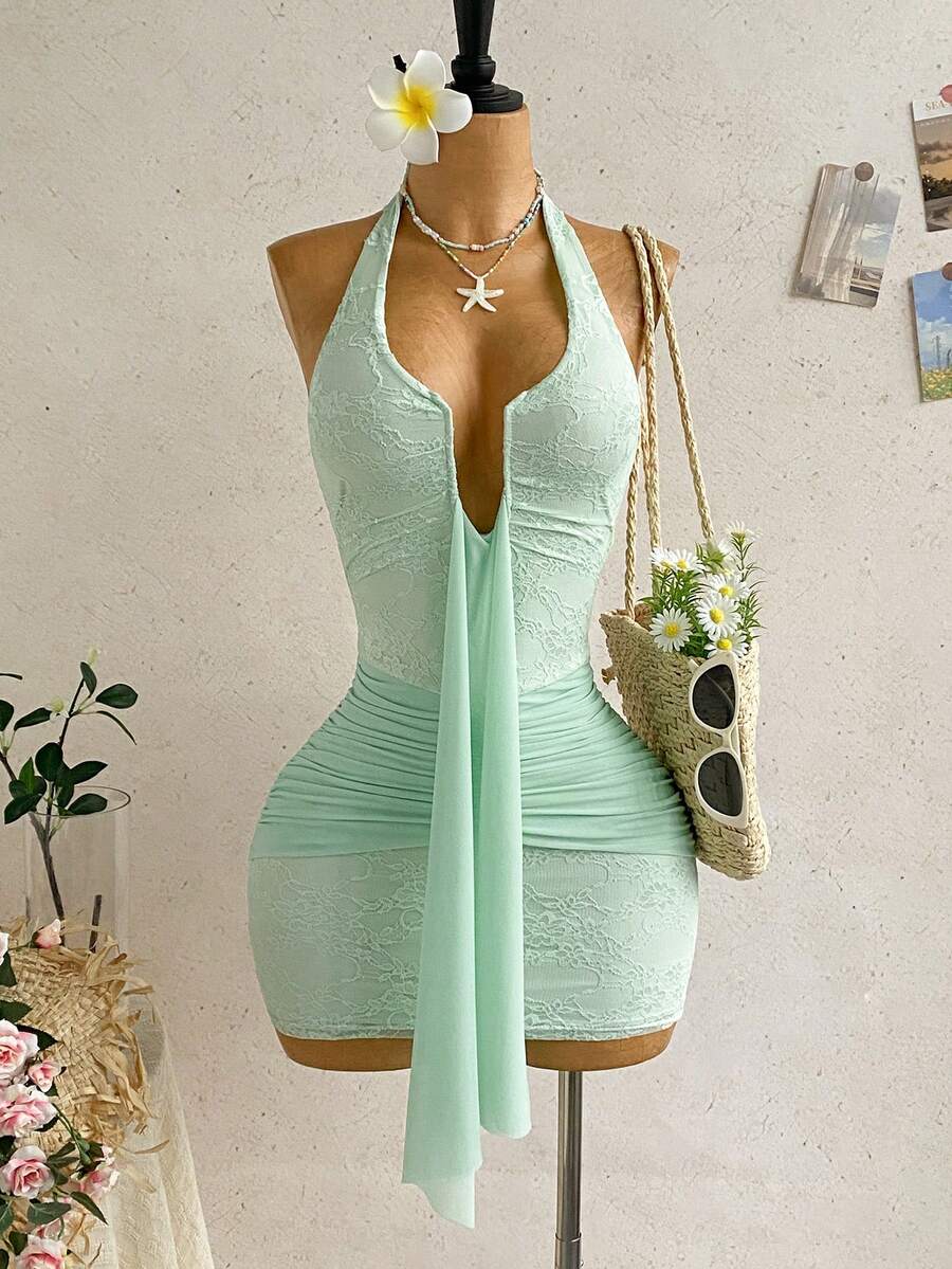 Soleia Women's Elegant Lace Backless Halter Neck Fitted Mini Dress, Summer - Green - View 1