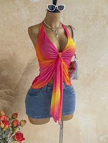 Soleia Top halter con tiras anudadas y degradado de puesta de sol romántico para mujer, vacaciones, festival de música vintage, fiesta, vacaciones tropicales, cita, té de la tarde, crucero de playa, viaje por carretera, vacaciones en la ciudad, festival de música, fiesta, bohemio, hippie, occidental, carnaval, Día de San Patricio - Rosa Fucsia - Ver 9
