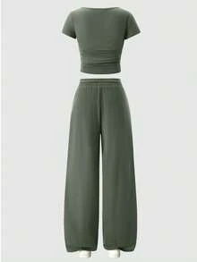 SHEIN Teen Girls Casual Minimalist Olive Green Square Neck Ruched Waist Short Sleeve T-Shirt And Wide Leg Pants Co-Ord Set - Olive Green - View 2