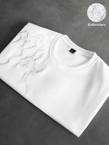 Manfinity Roghcode 男士街頭風熱門「自由」標誌刺繡圖案T恤，適合戶外音樂節、休閒出遊，送給男友/丈夫的禮物，週年紀念 - 白色 - 查看 2