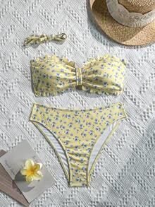 Swim Mod 女款夏季海灘優雅浪漫休閒度假甜美可愛時尚泳衣套裝，百搭百搭質感面料搭配碎花、鏤空飾邊、可拆卸肩帶平口設計，適合海灘、度假村、水療、音樂節、蜜月旅行及休閒度假 - 彩色 - 查看 2