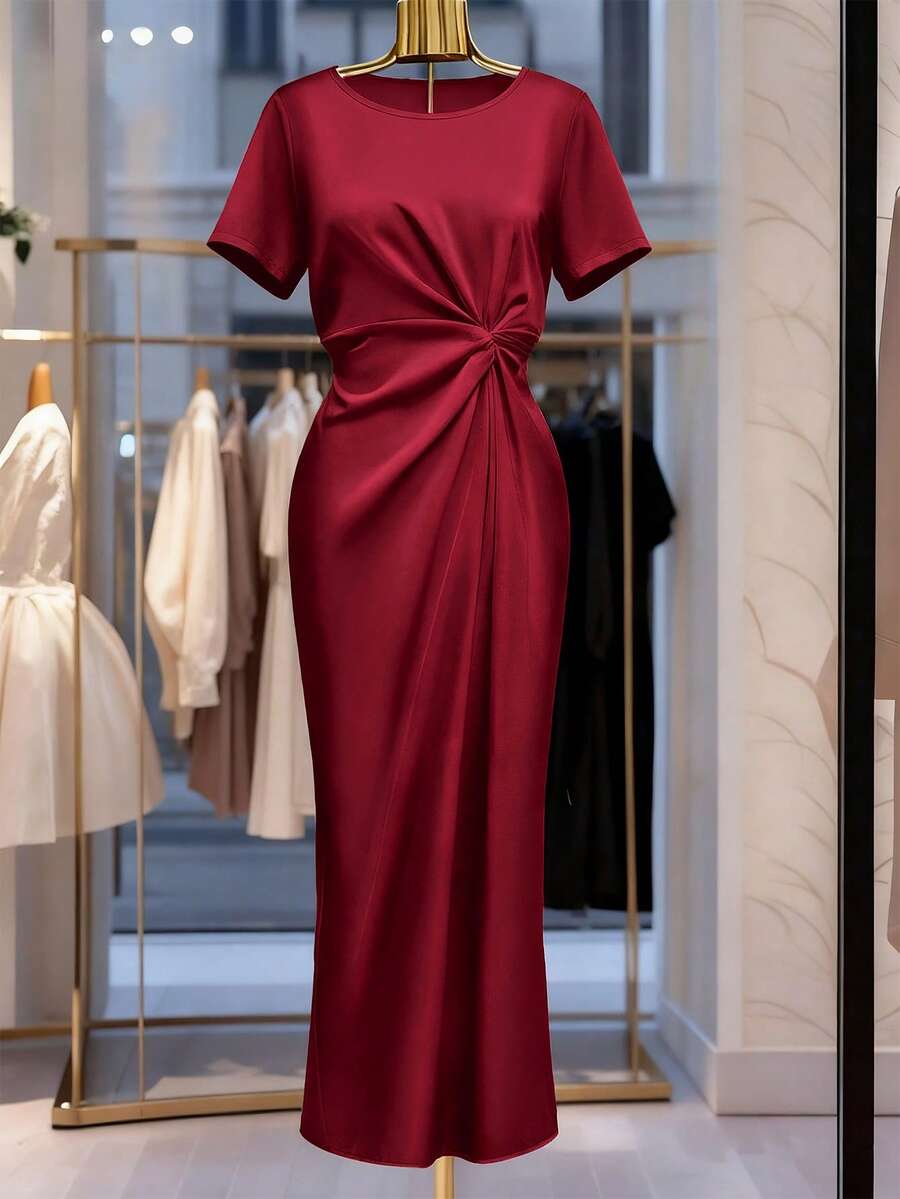 GlowEve CURVE Đầm công sở tay ngắn cổ tròn dành cho nữ, đầm xuân hè, đầm dự tiệc thanh lịch. - Màu Đỏ Sâu - Xem 1