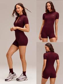 GLOWMODE 4.3" ButterFit GlowSuit Quick-Dry UV Protection Short Sleeve Front Zipper Curved Paneling Back Seam Design Anti-Slip Hem Zip Bodysuit Summer - Burgundy - View 7