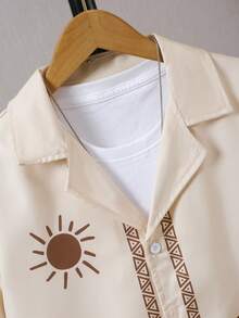 Men's Beige Square Collar Short Sleeve Shirt & Solid Color Shorts Set,Casual Versatile Summer Vacation Holiday Fashion Outfit,Soft Comfort Outings - Khaki - View 4