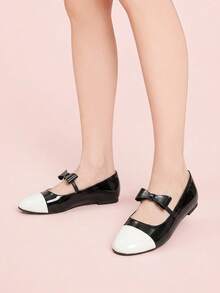 CUCCOO DOLLMOD Women's Shoes, Black And White Contrasting Glossy Texture, Bow Ballet Flats, Round Toe Comfortable Mary Jane Shoes, Soft Foot Flat Shoes For Daily Wedding Parties - Black and White - View 9