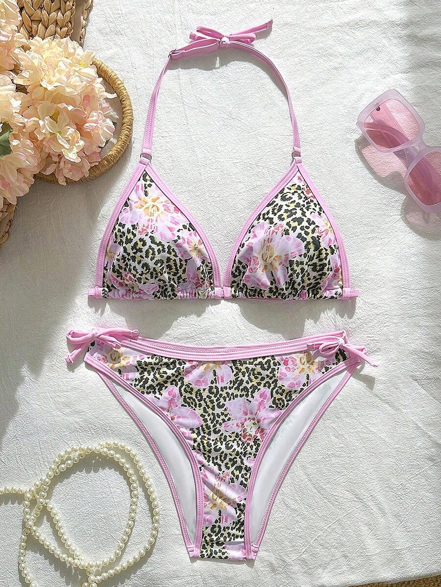 SHEIN 少女豹纹和花卉印花比基尼套装 - 彩色 - 查看 1