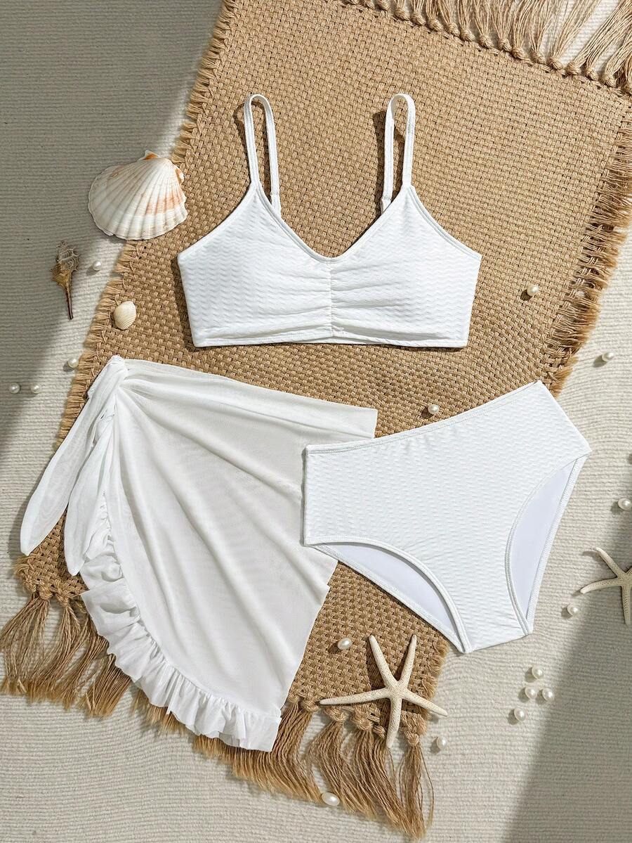 SHEIN Tween Girls Bikini Sets, Special Textured Fabric White Color, Adjustable Shoulder Straps, Ruched Bust, 3 Pieces Swimwear, Textured Fabric Triangle Swim Bottoms, Suitable For Summer Vacation, Beach, Swimming Pool, Party - Multicolor - View 1