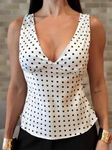 Yohana Edit Women's Elegant Polka Dot Print V-Neck Camisole For Commuting, Summer,Summer Top Casual White - White - View 5