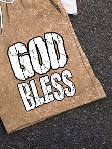 GENIUS ODE 男士創意字母「GOD BLESS」圖案印花T恤短褲套裝，街頭風，度假款 - 彩色 - 查看 3
