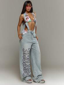 MUSERA Denim Dungarees Embroidered Acid Washed Denim Baggy Spring Summer Holiday Vacation Ibiza Festival Y2K Psyche - Baby Blue - View 1