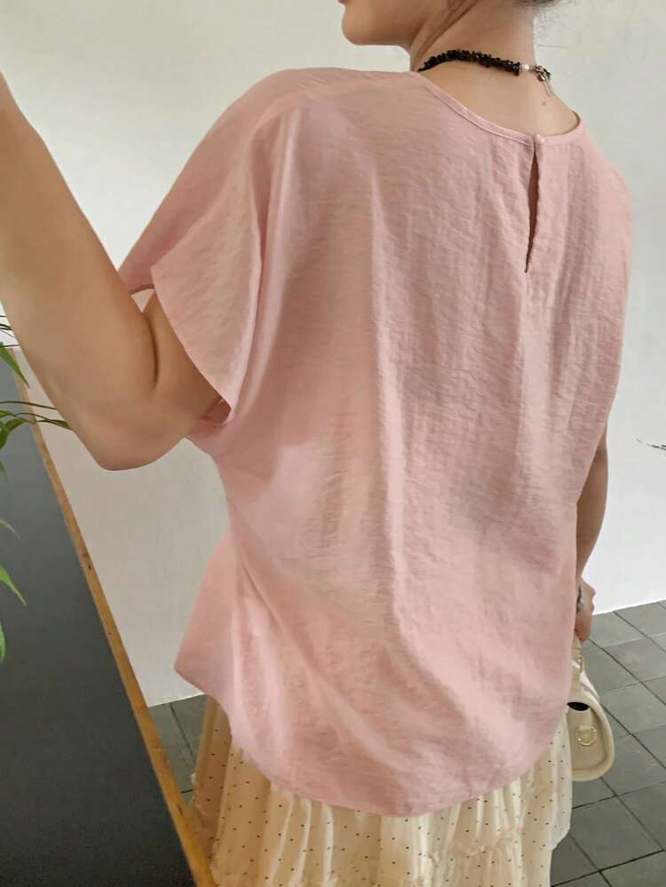Dazy Plus Plus Size Women Loose Tie Front Short Sleeve Pink Casual Shirt, Spring/Summer