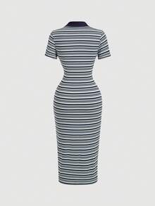 SHEIN MOD 女款時尚條紋POLO領鈕扣半開襟短袖洋裝 - 彩色 - 查看 4