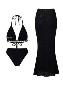 Bonvoyette 3pcs Solid Color Triangle Halter Tie Maxi Skirt Design Women Swimwear Set - Black - View 2