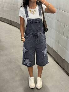 青少年女孩時尚休閒Y2K復古酷街頭寬鬆毛邊後背帶黑灰色牛仔短褲 青少女服飾 日常穿搭 春夏電音節慶街頭風穿搭 - 黑色 - 查看 3