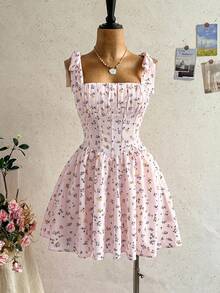 Soleia Váy mini công chúa dáng chữ A buộc dây mới đi du lịch, phong cách Bohemian, Boho, hoa lãng mạn, đi tiệc, hẹn hò, Valentine, Lễ Phục sinh, Carnival, trà chiều, đi biển, du thuyền, dạo phố ngày lễ - Màu Hồng baby - Xem 6