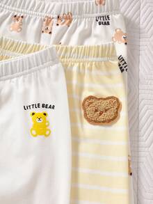 SHEIN Newborn Baby Casual Cute Cartoon Bear Striped Print Footie Pants - Yellow - View 5