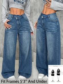 SHEIN PETITE CURVE Quần jeans ống đứng cạp cao dành cho nữ cỡ lớn PETITE CURVE, quần thường ngày và quần phong cách đường phố dành cho nữ. - Rửa tối - Xem 1