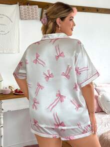 Slumberry CURVE Sweet & Cute Bow Print Contrast Color Button Front Lapel Plus Size Women Pajama Set - White - View 2