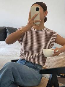 Siren Gaze Women's Brown And White Round Neck Short Sleeve Casual Versatile T-Shirt World Cup Vacation Summer - Multicolor - View 3