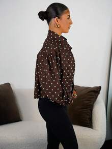 SAYEHFBABY 女款圓點圖案長袖拉鍊休閒夾克可愛套裝棕色圓點夾克短版夾克波點夾克度假 - 棕色 - 查看 5