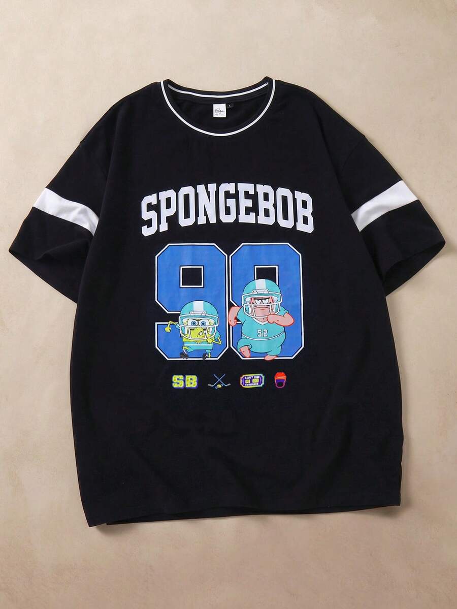 SpongeBob SquarePants | SHEIN Men's Contrast Color Letter & Cartoon Print Round Neck Short Sleeve T-Shirt - Black - View 1