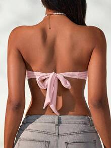 Swim Mod Women's Solid Color Twist Bandeau Swimwear Top - Pink - View 2