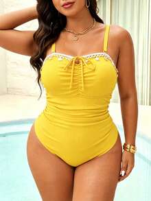 Swim Vcay 2026 New Plus Size Women Beach Vacation Vacation Fashion Ruched Detachable Strap One-Piece Starfish Trim Swimsuit Yellow Summer - Yellow - View 3