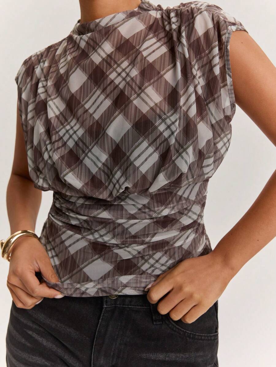 SHEIN BAE Women's Casual Holiday & Commute Daily Plaid Mesh Knit See-Through Blouse - Brown - View 1