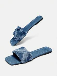 Bholvia 2024 New Arrival Women's Retro Blue Flat Five-Pointed Star Sandals Slippers, Square Toe, Plus Size, Summer - Blue - View 7