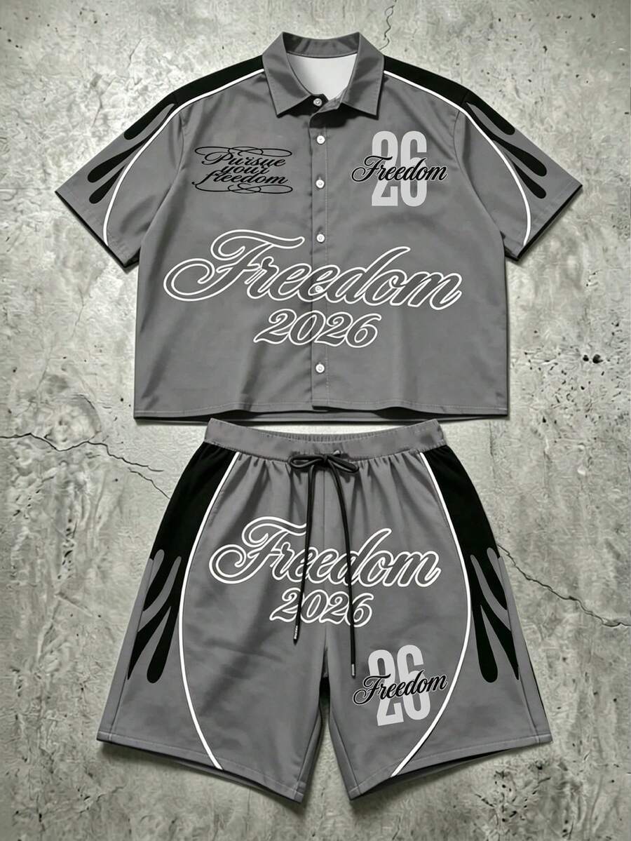 Manfinity EMRG Conjunto de camisa con botones y estampado de letras, y pantalones cortos de verano casual para hombre - Gris - Ver 1
