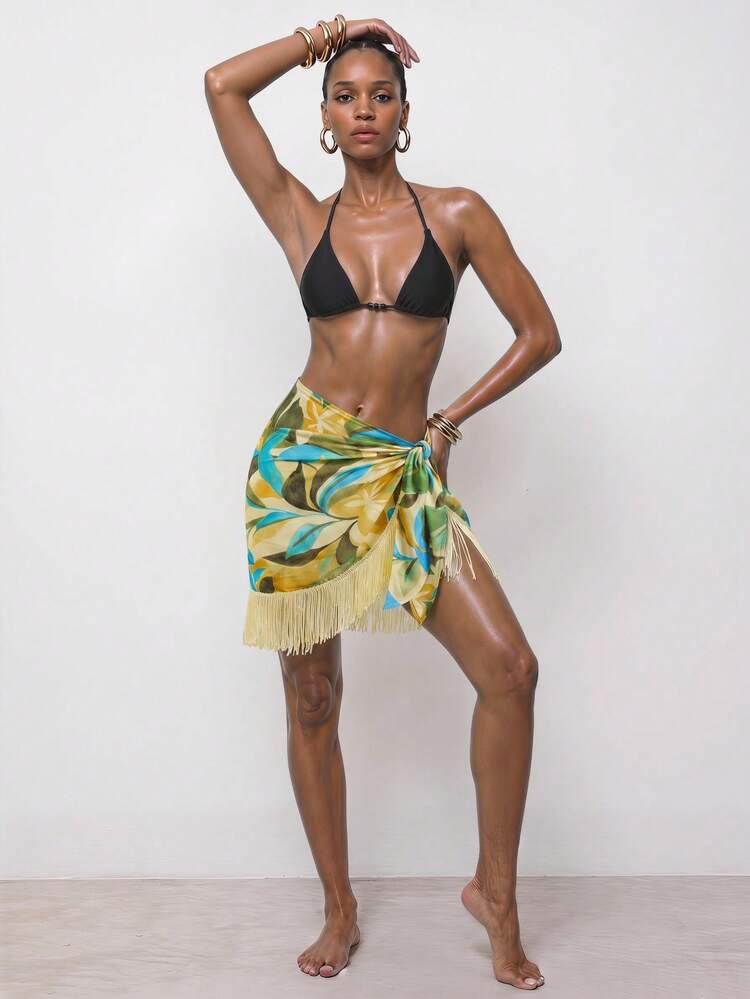 SHEIN Maija Women's Vacation Plant Print Side Knot Tassel Hem Cover-Up & Mini Skirt Set