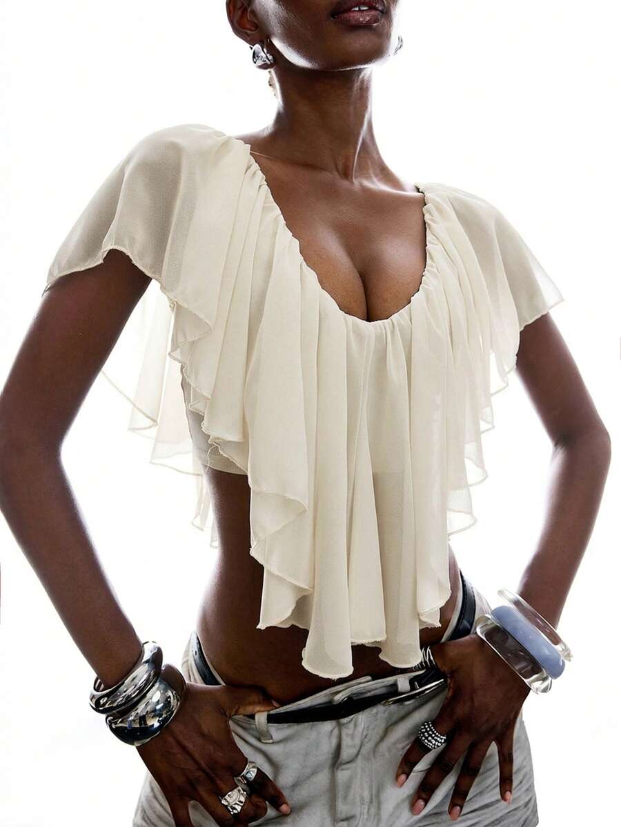 LYSMO Women's Elegant Solid Color Ruffle Trim Backless Cropped Top, Summer - Apricot - View 1