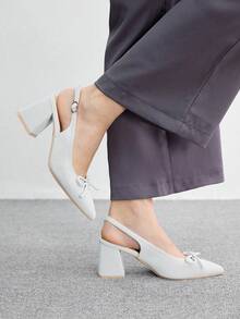 CUCCOO BIZCHIC 女款時尚高跟鞋，蝴蝶結粗跟 PU 全球四季通勤優雅百搭 節慶度假辦公室戶外日常 - 淺灰色 - 查看 3